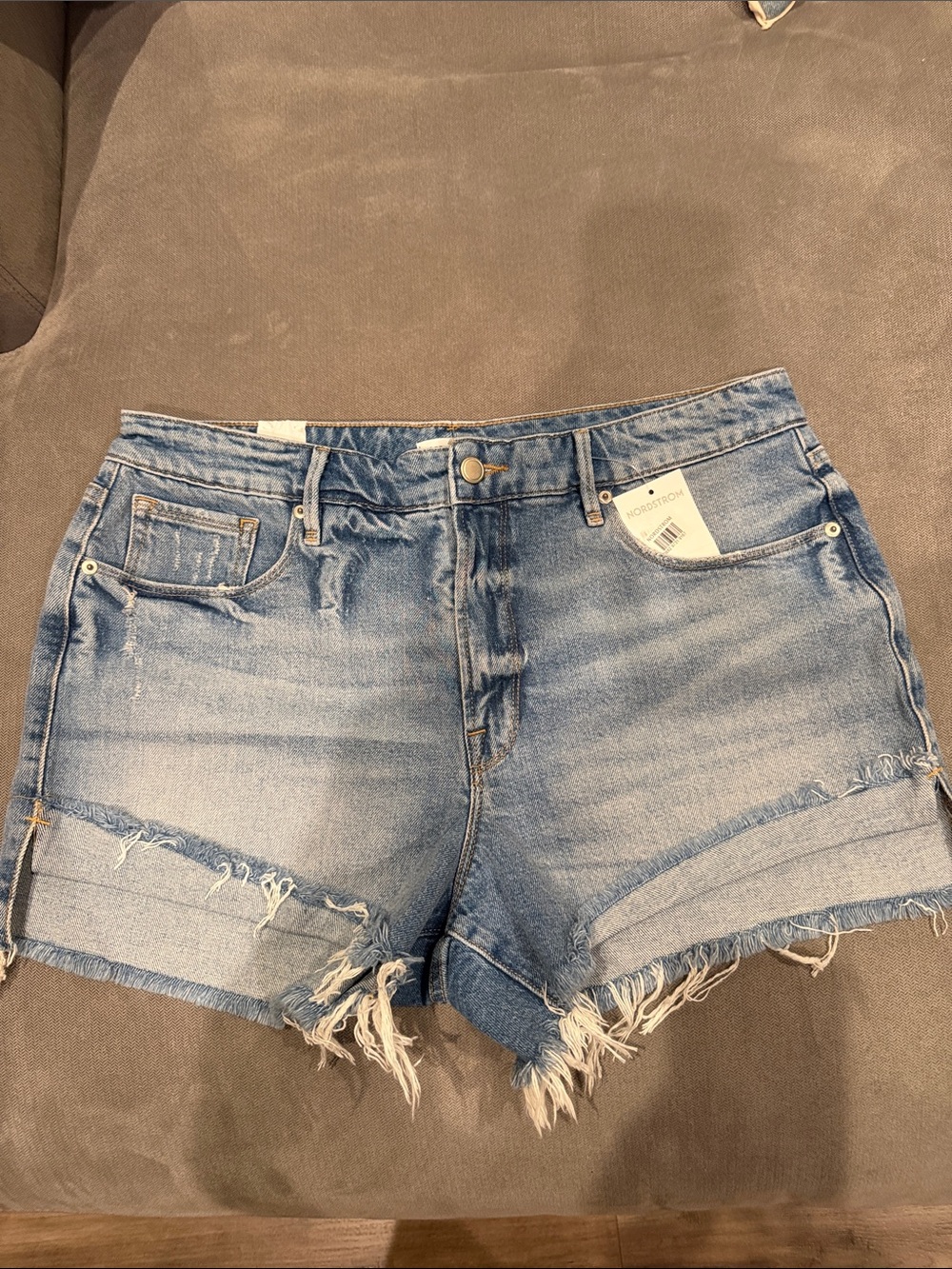 Good American, good curved, distressed denim shorts